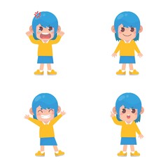 set of happy kids cute girl character with many gesture expressions .
