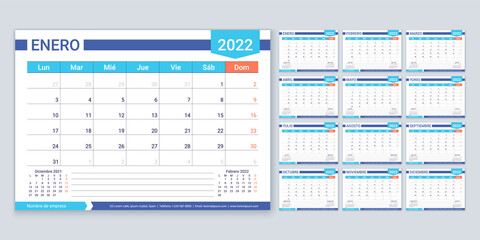 Spanish calendar for 2022 year. Planner template. Week starts Monday. Vector. Calender layout with 12 month. Table schedule grid. Yearly stationery organizer. Horizontal monthly diary. Illustration.
