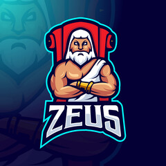 Zeus mascot logo design vector with modern illustration concept style for badge, emblem and t-shirt printing. Zeus sits on throne for esports team