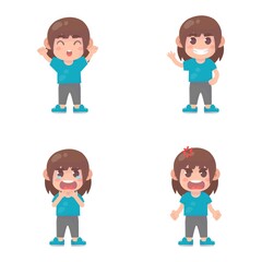 set of happy kids cute girl character with many gesture expressions .
