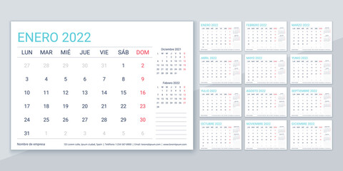 2022 calendar. Spanish planner template. Week starts Monday. Vector. Calender layout with 12 month. Table schedule grid. Yearly stationery organizer. Horizontal monthly diary. Simple illustration.