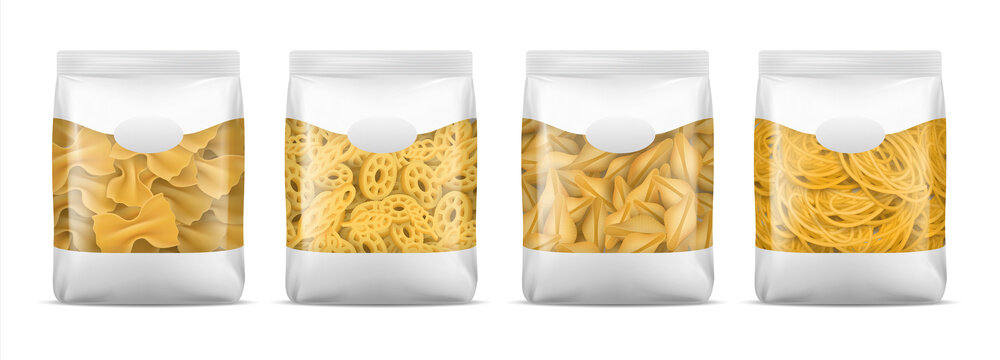 Pasta Package. Realistic Spaghetti Or Noodle Bag Mockup. Blank Macaroni Plastic 3D Packaging Set For Branding. Italian Food Template. Container With Copy Space. Vector Flour Products