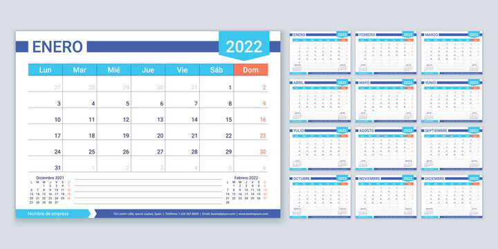 Spanish calendar for 2022 year. Planner template. Week starts Monday. Vector. Calender layout with 12 month. Table schedule grid. Yearly stationery organizer. Horizontal monthly diary. Illustration.