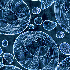 Ornamental seashells and sea pebbles seamless pattern