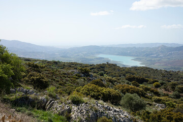 Green landscape with blue sky and some clouds with a lake