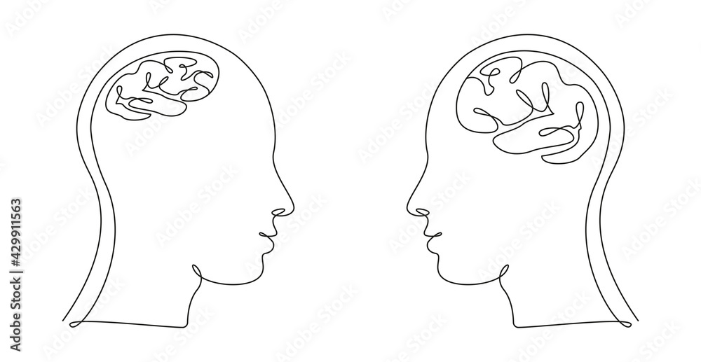 Poster two human heads with big and small brains in one line art style. continuous drawing illustration. ab