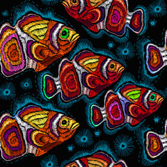 Embroidery sea life. Tropical fishes seamless pattern. Underwater background. Fashion template for clothes, textiles and t-shirt