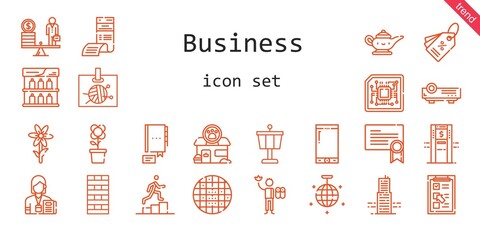 business icon set. line icon style. business related icons such as chimney, smartphone, certificate, scale, bill, cpu, checklist, control tower, mirror ball, building, shelf