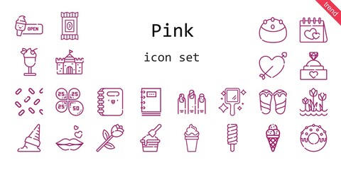 pink icon set. line icon style. pink related icons such as castle, engagement ring, candy, nails, kiss, petals, hand mirror, popsicle, cupid, ice cream, tulips, cake, donut