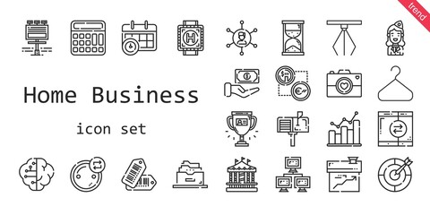 home business icon set. line icon style. home business related icons such as calendar, calculator, smartphone, bar graph, networking, brain, filing cabinet, carousel, billboard