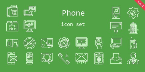 phone icon set. line icon style. phone related icons such as police box, settings, wifi, smartphone, no chatting, telephone, gps, message, music player, tablet, computer, walkie talkie, qr code