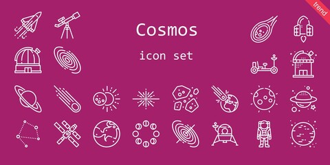 cosmos icon set. line icon style. cosmos related icons such as black hole, saturn, asteroids, moon phases, planet, mars, space shuttle, lander, big bang, asteroid, space station, eclipse, observatory