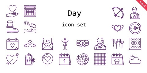 day icon set. line icon style. day related icons such as love, calendar, woman, balloons, garter, wedding day, clock, bow, heart, cupid, journalist, cloudy, love birds