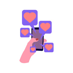 Red heart message, woman hand is holding a smartphone. Online dating, relationship concept. Flat style cartoon illustration. Like a button, thumb, finger touch screen, like a message, like symbols.