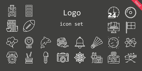 logo icon set. line icon style. logo related icons such as alarm clock, news, dolphin, chimney, racing, suitcase, american football, balloons, saw, badminton, drum, graphic design, favourite