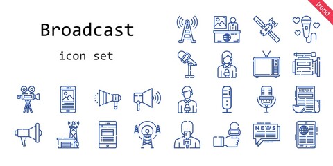 broadcast icon set. line icon style. broadcast related icons such as news, antenna, megaphone, signal tower, television, news reporter, speaker, video camera, satellite, microphone,