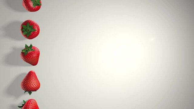 3D animation of Strawberries. Fresh strawberries with green leaves on a white background. Sweet fruits. The concept of a healthy lifestyle and nutrition in general. Rotate row formation.