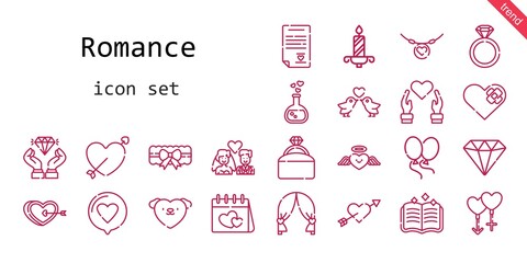 romance icon set. line icon style. romance related icons such as love, couple, engagement ring, balloons, garter, necklace, heart, love potion, cupid, diamond, spellbook,