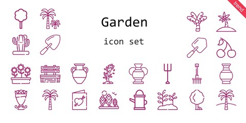 garden icon set. line icon style. garden related icons such as cherry, flowers, bench, tree, shovel, bouquet, vase, palm tree, plant, cactus, garden, rake, watering can, wedding invitation,