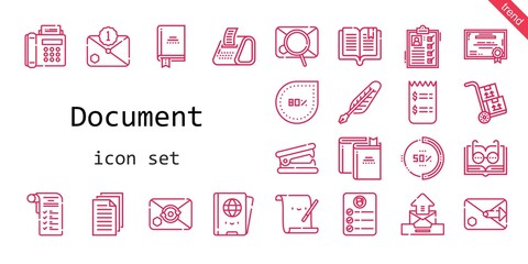 document icon set. line icon style. document related icons such as stapler remover, parchment, book, certificate, quill, list, packs, shopping list, books, task