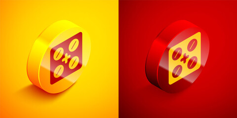 Isometric Pills in blister pack icon isolated on orange and red background. Medical drug package for tablet, vitamin, antibiotic, aspirin. Circle button. Vector