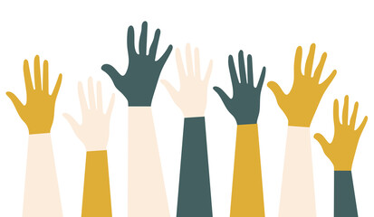 Obraz premium International Youth Day. Voting in elections. Fight for equal rights. Silhouettes of hands of guys and girls of different nationalities and religions. Festive poster in trendy colors. 