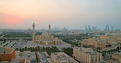 Panoramic Aerial View of the Al Fateh Grand Mosque in Manama of Bahrain During Sunset