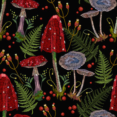 Embroidery mushrooms seamless pattern. Dark autumn forest. Gothic fairy tale art. Fashion nature template for clothes, textiles, t-shirt design - 429913302