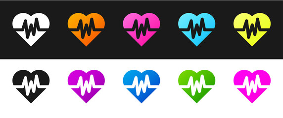 Set Heart rate icon isolated on black and white background. Heartbeat sign. Heart pulse icon. Cardiogram icon. Vector