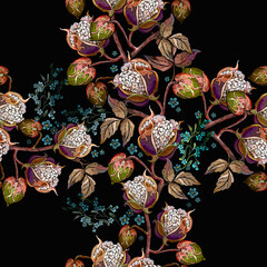 Cotton flowers and meadow herbs. Embroidery seamless pattern. Vector illustration. Spring floral art. Fashion template for clothes, textiles. Oriental botanical background. Asian flora