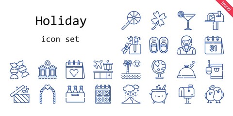 holiday icon set. line icon style. holiday related icons such as calendar, woman, candy, clover, snowing, lollipop, sandals, dinner, airport, globe, mailbox,