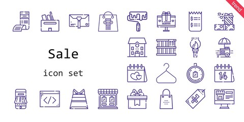 sale icon set. line icon style. sale related icons such as payment method, gift, limited time, paint brush, real estate, bill, box, store, coding, shopping bag, school, food stall