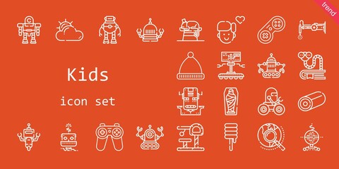 kids icon set. line icon style. kids related icons such as bookworm, robot, cloudy, chameleon, explore, gamepad, mummy, winter hat, sweet, boy, toy