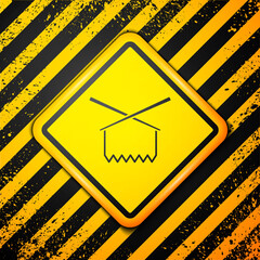 Black Knitting needles icon isolated on yellow background. Label for hand made, knitting or tailor shop. Warning sign. Vector