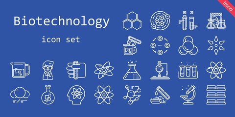 biotechnology icon set. line icon style. biotechnology related icons such as test tube, scientist, science, dishes, molecule, flask, atom, beaker, structure, microscope, atoms