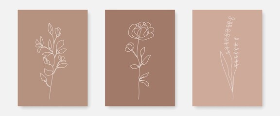 Botanical Prints Set Boho Style with Line Art Floral Elements. Minimalist Trendy Contemporary Design Perfect for Wall Art, Prints, Social Media, Posters, Invitations, Branding Design.