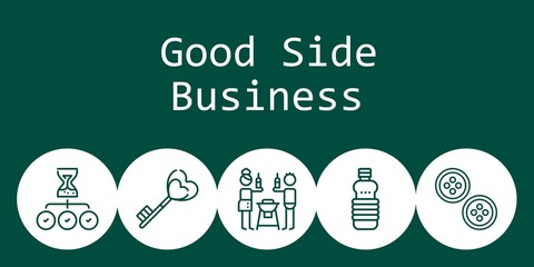 good side business background concept with good side business icons. Icons related buttons, oils, hourglass, key, friends