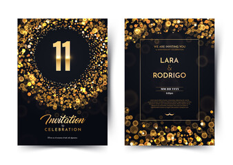 11th years birthday vector black paper luxury invitation double card. Eleven years wedding anniversary celebration brochure. Template of invitational for print on dark background with bokeh lights