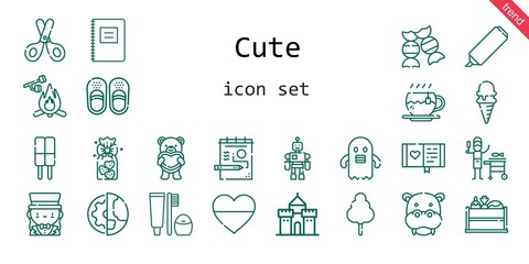 cute icon set. line icon style. cute related icons such as cotton candy, castle, candy, toothbrush, marshmallow, sandals, draw, vegetable, heart, cookies, scissors, hippopotamus, diary, tea
