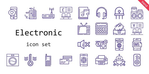 electronic icon set. line icon style. electronic related icons such as washing machine, calculator, audiobook, smartphone, headphones, television, printer, motherboard, mute