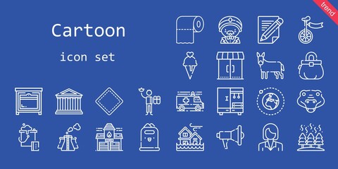 cartoon icon set. line icon style. cartoon related icons such as crocodile, megaphone, oven, donkey, closet, ambulance, pollution, pencil, flood, bucket, fire station, patch, ice cream, earth