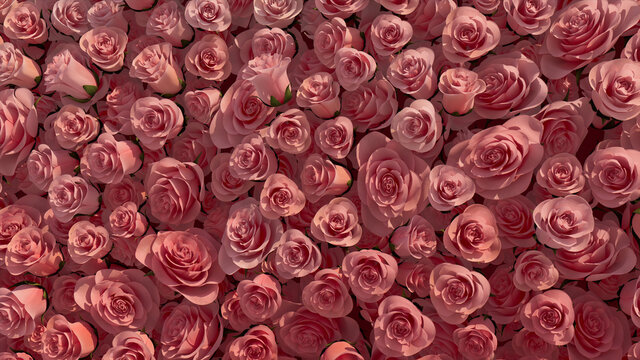 Beautiful, Red Wall background with Roses. Elegant, Floral Wallpaper with Bright, Romantic flowers. 3D Render