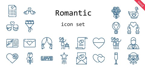 romantic icon set. line icon style. romantic related icons such as love, groom, couple, birch, swan, bouquet, heart, champagne glass, wedding car, wedding planning, hot air balloon, wedding arch, 