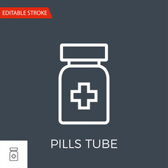 Pills Bottle Related Vector Line Icon. Drugs. Isolated on Black Background. Editable Stroke.