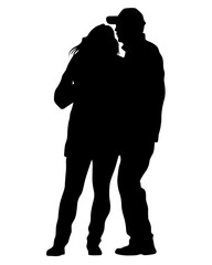 Young man and woman walking at street. Isolated silhouette on a white background