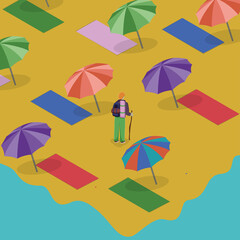 Bright pessimistic JPEG illustration-fantasy of sand beach by the sea, empty because of covid colourful mats under colourful umbrellas and lonely tourist with walking stick in the middle 