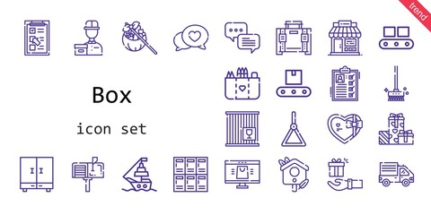 box icon set. line icon style. box related icons such as gift, conveyor, shop, delivery courier, briefcase, closet, ship, holder, checklist, crate