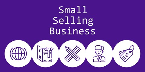 small selling business background concept with small selling business icons. Icons related global, tag, pencil, employee, card