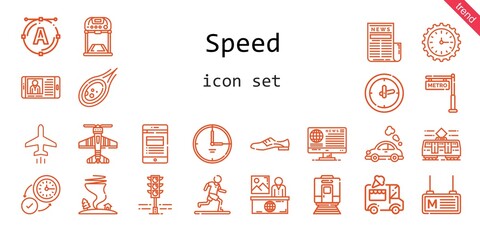 speed icon set. line icon style. speed related icons such as news, plane, ice cream car, tornado, wall clock, clock, shoes, vehicle, running, metro,