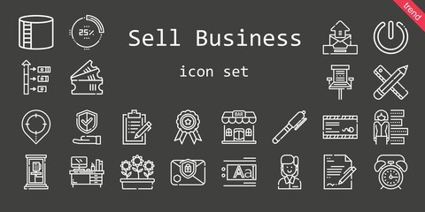 sell business icon set. line icon style. sell business related icons such as alarm clock, insurance, flowers, office chair, tickets, mail, contract, text editor, phone box